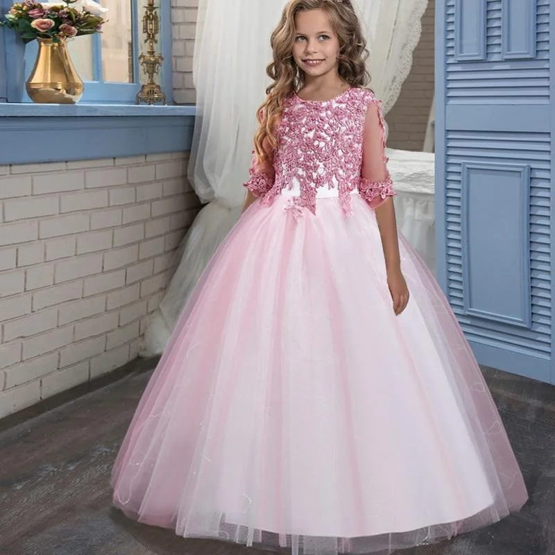 2021 Summer Pink Bridesmaid Dress Kids Dresses For Girls Children Costume Princess Girl Party White Wedding Dress Long Sleeve