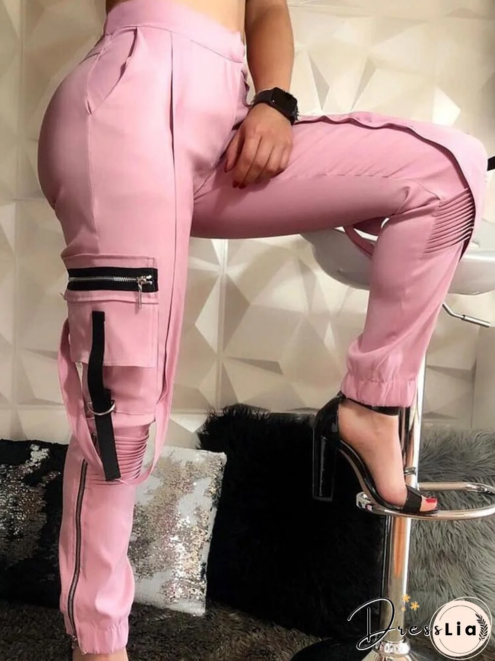 Spring Side Design Patchwork Zip Pocket Long Pants Women Elastic Waist Pleated Trousers Fashion Casual Jogging Cargo Pants