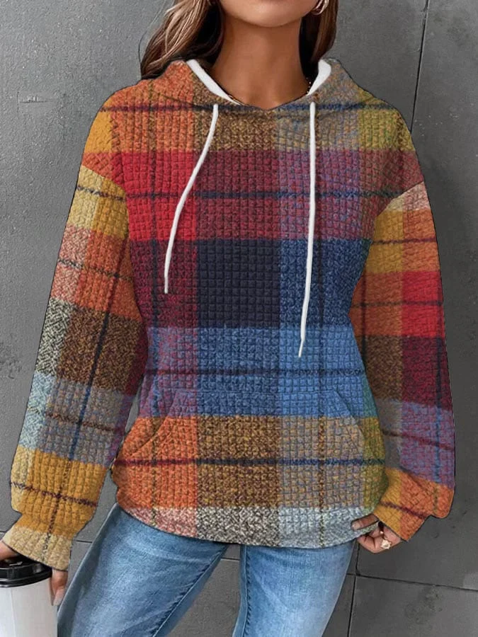 Women's Colorful Plaid Print Waffle Hoodie