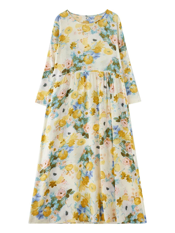 Long Sleeves Loose Flower Print Split-Joint Round-Neck Midi Dresses