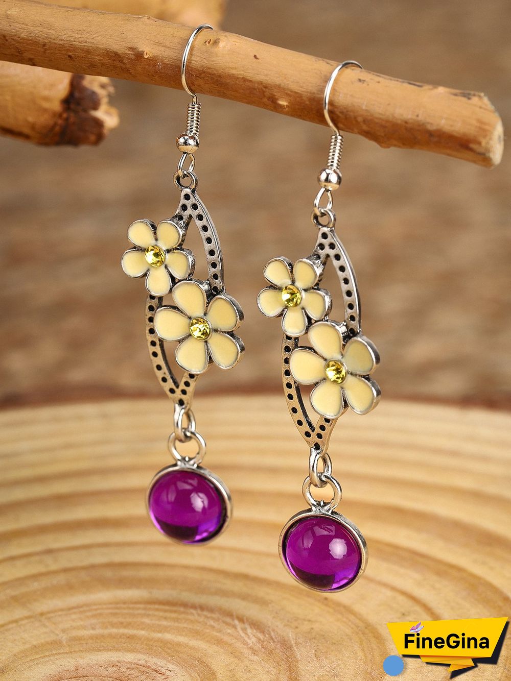 Vintage Style Yellow Flower Purple Stone Silver Earrings