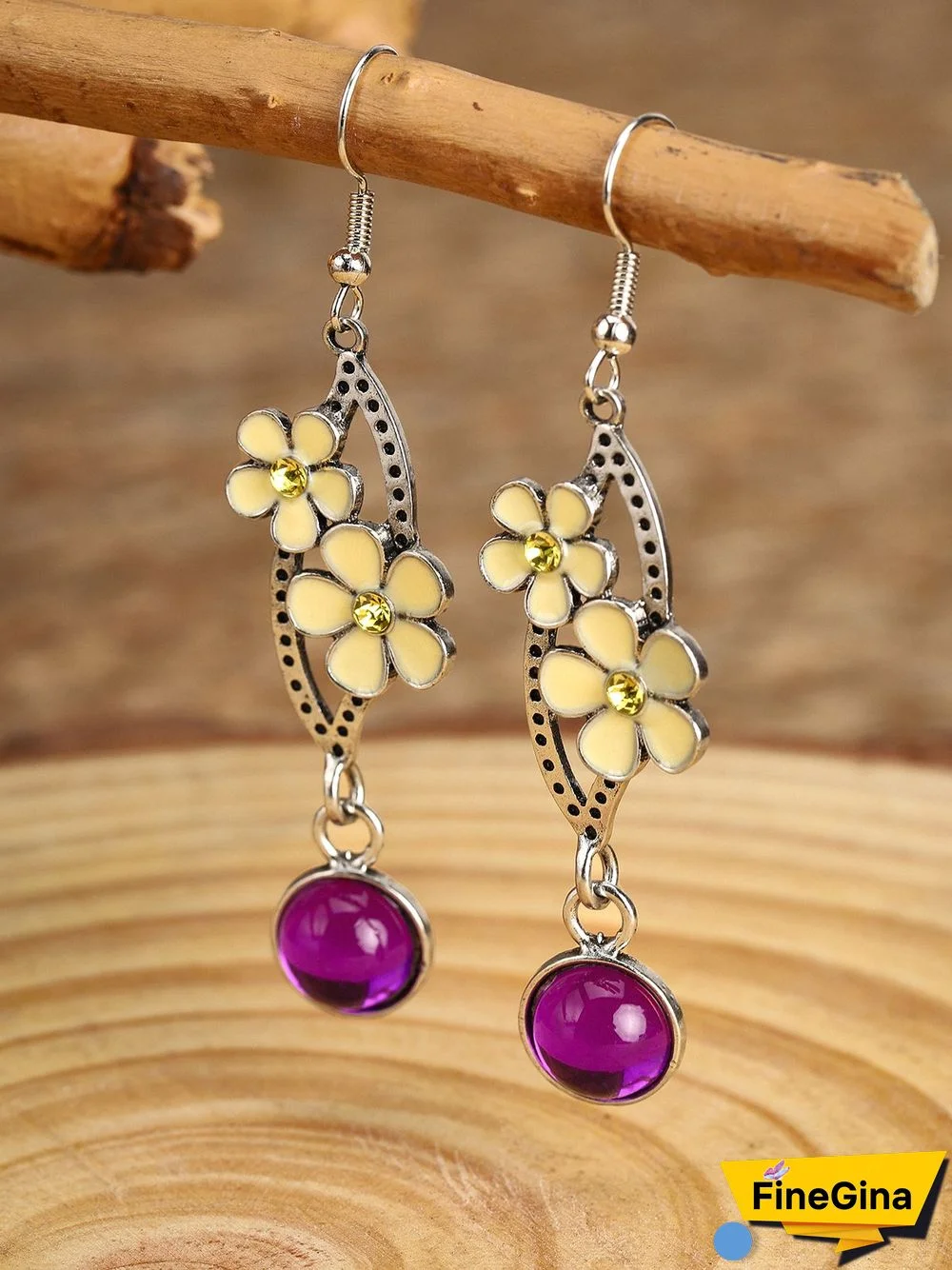 Vintage Style Yellow Flower Purple Stone Silver Earrings