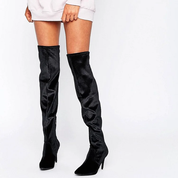 Black Velvet Stiletto Heels Long Boots Almond Toe Over-the-Knee Boots |FSJ Shoes