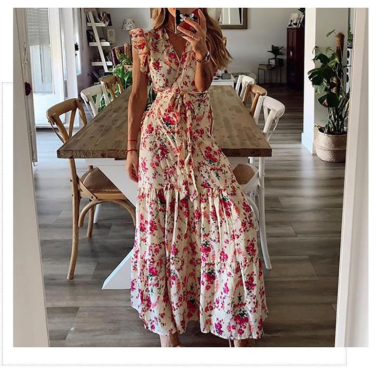 Promsstyle V neck ruffle sleeveless tie up waist floral print casual long dress Prom Dress 2023