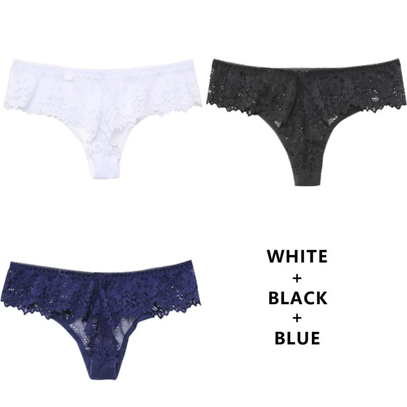 Meet'r 3Pcs/Lot Women Sexy Lace Lingerie Temptation Low-Waist Panties Embroidery Underwear Female Thong Transparent G String