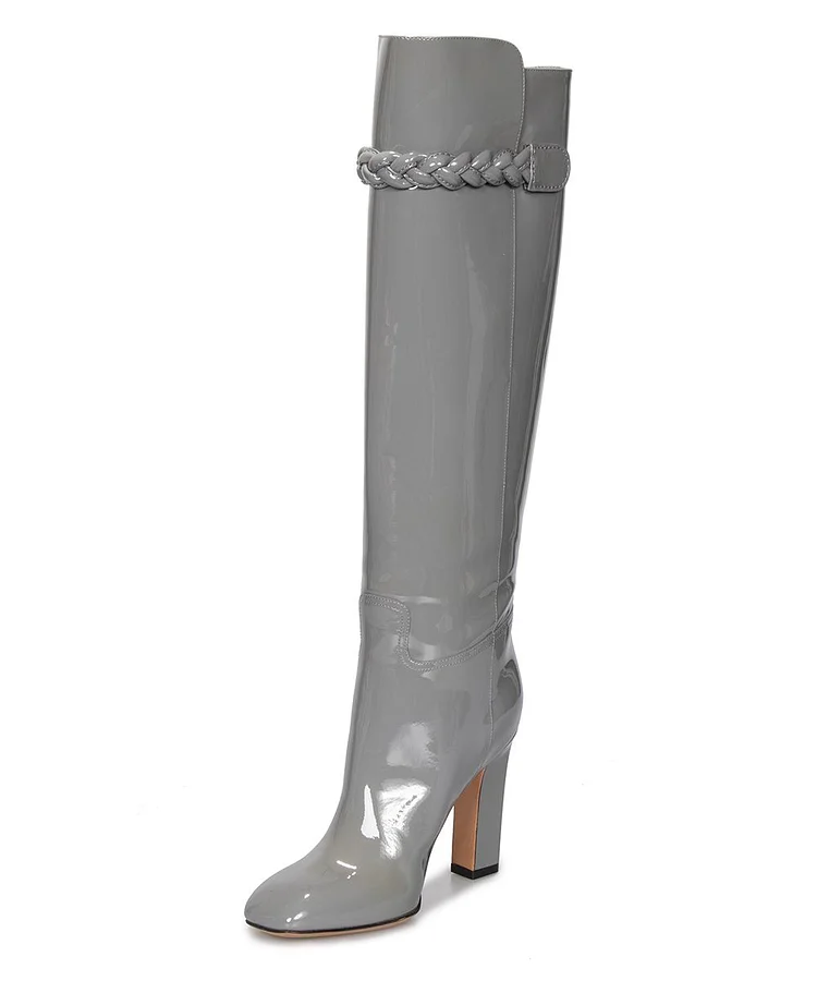Grey Patent Leather Chunky Heel Boots Square Toe Knee High Boots |FSJ Shoes