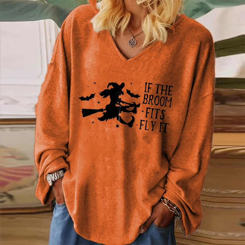 If The Broom Fits Fly It Witch Print V-neck T-shirt