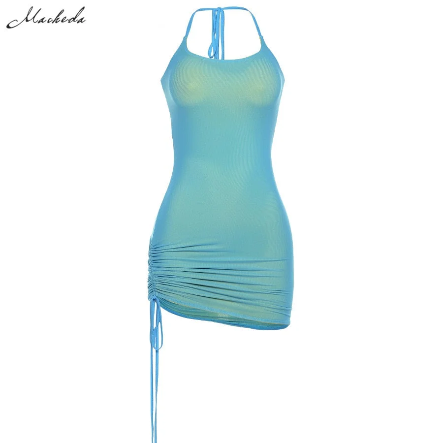 Macheda Spring Fashion Sexy Double Layer Slim Dress Women Halter Mesh Surface Clothing Lady Solid Drawstring Mini Dresses 2021