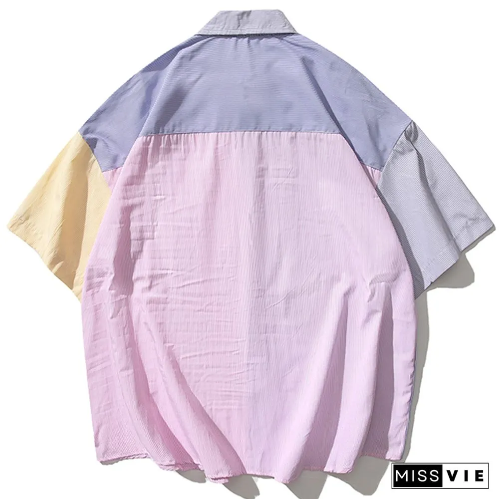 Vintage Colorblock Embroidery Pocket T-Shirt