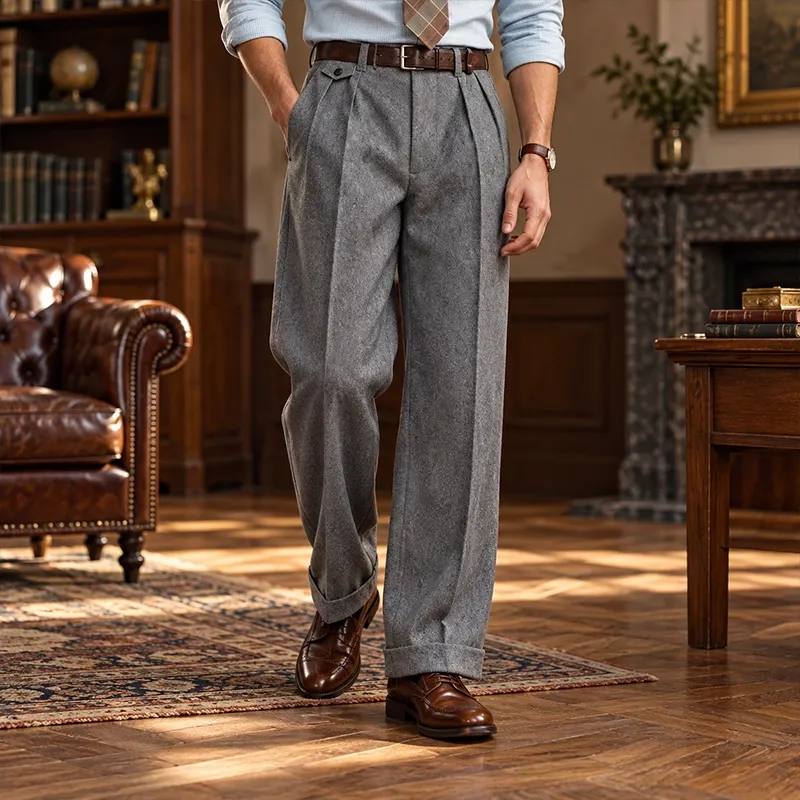 Men's Vintage Wide-Leg Flannel Trousers
