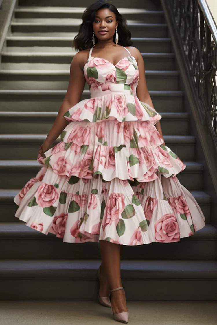 Xpluswear Design Plus Size Prom Pink Sundress Floral Halter Collar Tiered Ruffle Midi Dresses [Pre-Order] 2024 - Xpluswear