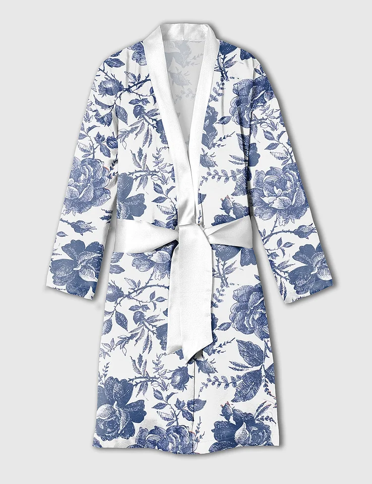 Women's Rose To Fame Blue & White Rose Floral Satin Bathrobe 