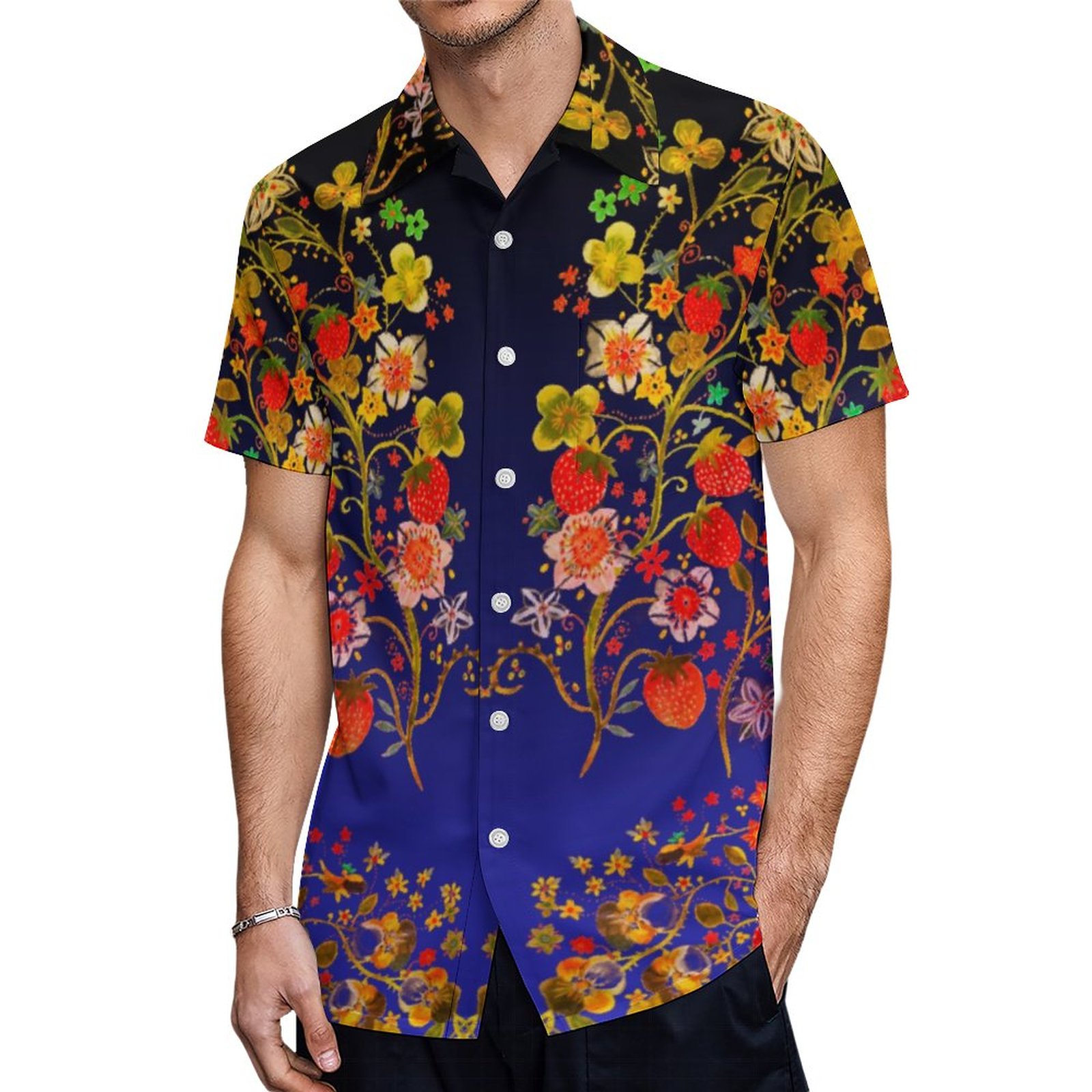 Boho Strawberry Floral Blue Ombre Hawaiian Shirt Mens Button Down Plus Size Tropical Hawaii Beach Shirts