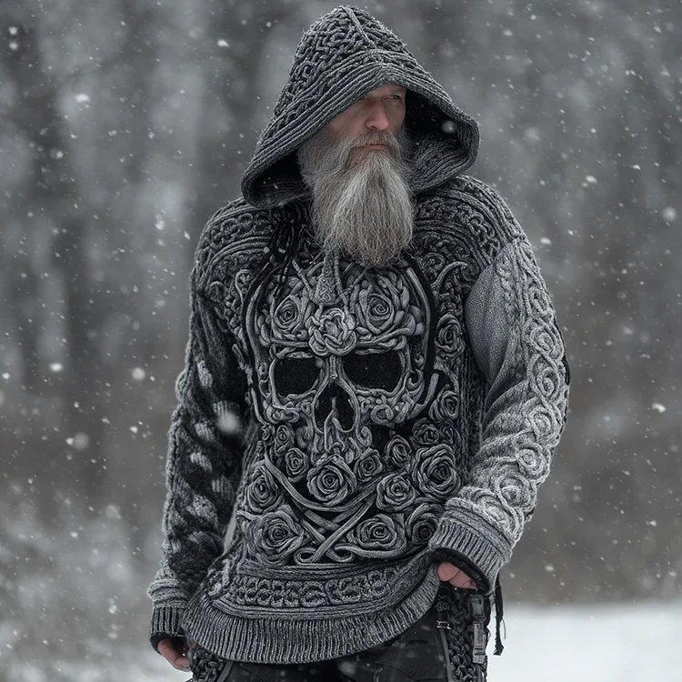 Men's Viking Tribal Jacquard Celtic With Rose And Skull Face Inspired Chunky Knit Hooded Sweater