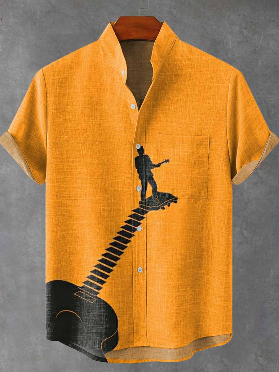 Musical Instruments Abstract Characters Vintage Print Casual 100% Cotton Shirt