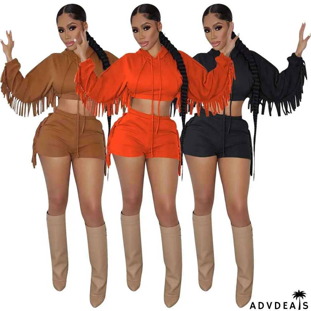 Pure Color Tassels Hooded Shorts Two-piece Suit
