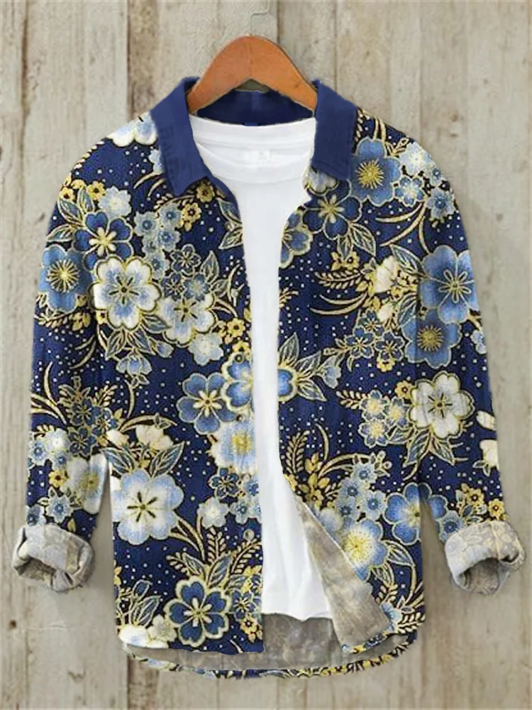 Japanese Flower Print Linen Long Sleeve Shirt