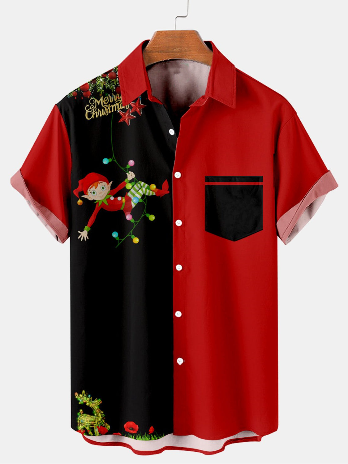 Men's Christmas Contrast Color Cartoon Pattern Basic Short Sleeve Shirt PLUSCLOTHESMAN