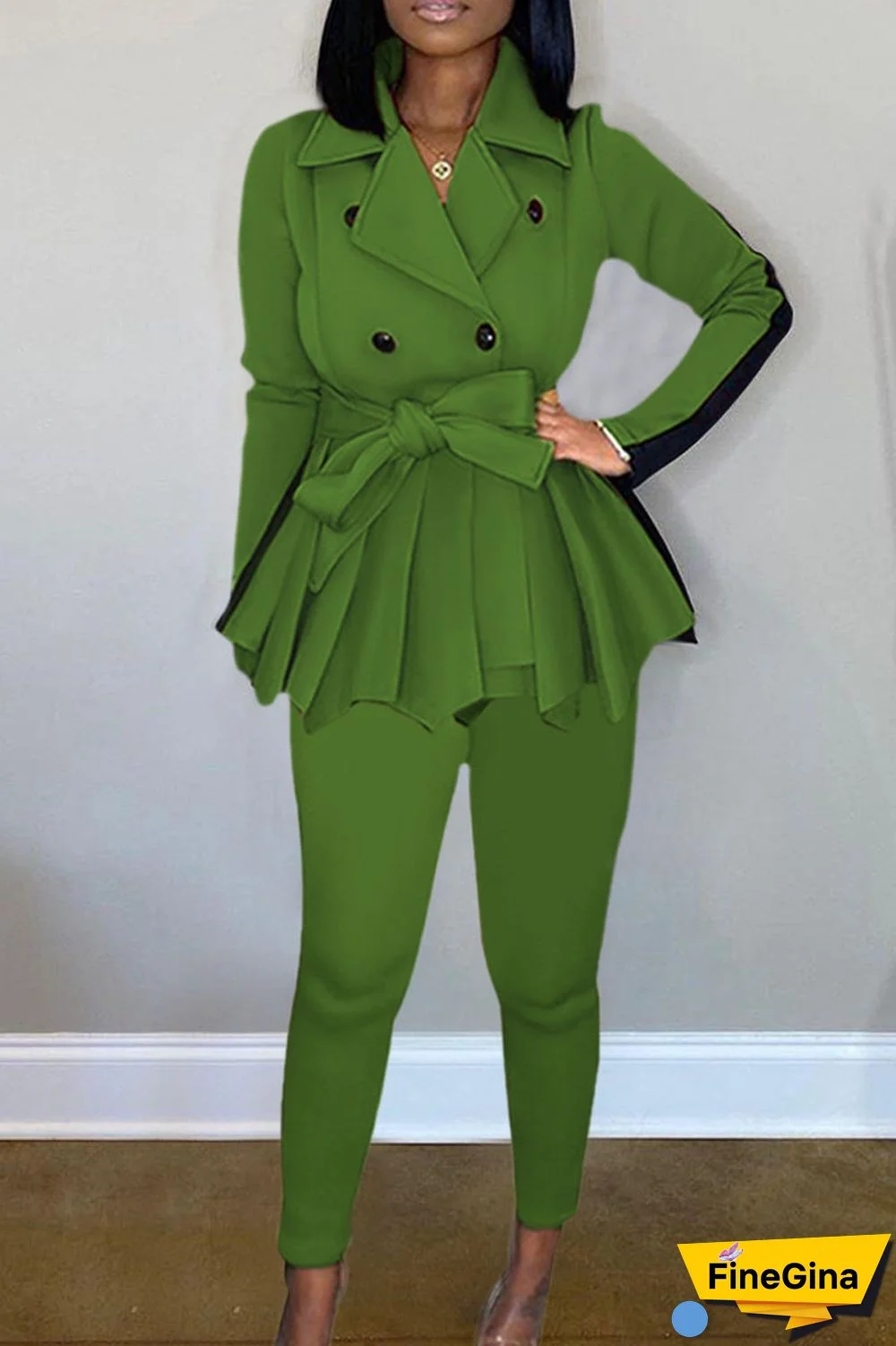 Green Casual Solid Patchwork With Belt Turn-back Collar Long Sleeve Two Pieces