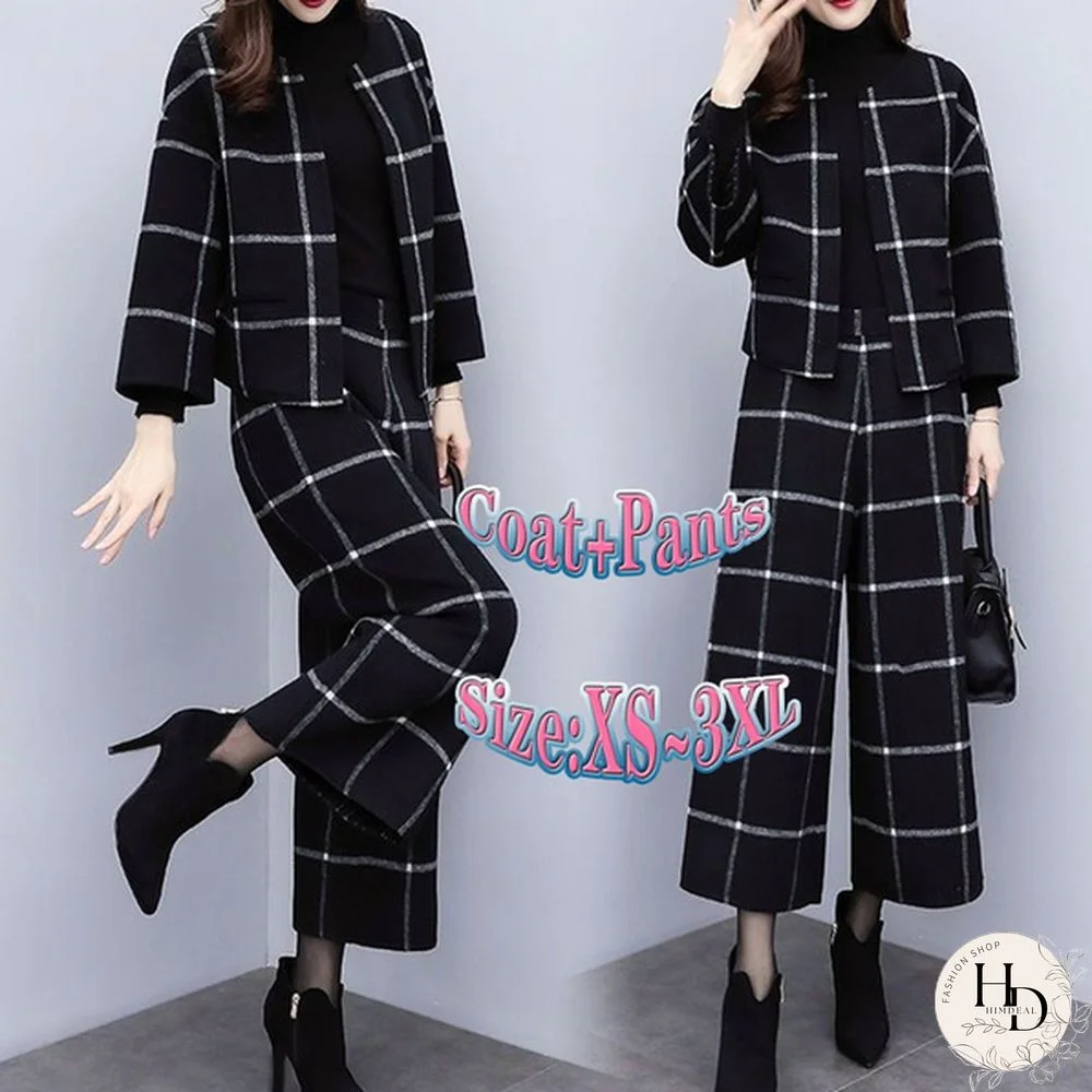 Autumn Winter Black Woolen Plaid Two Piece Sets Outfits Women Short Jacket Coat Wide Leg Pants Suits Elegant Fashion Office Sets