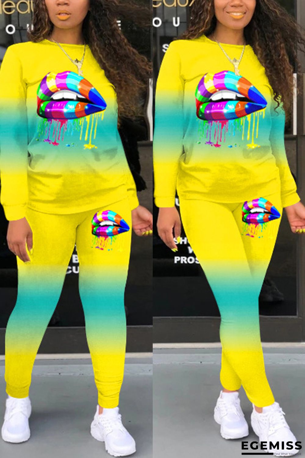 Yellow Sexy Casual Print Gradient Lips Print pencil Long Sleeve Two Pieces | EGEMISS