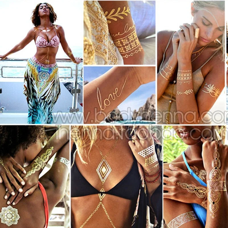 Hot Flash Metallic Waterproof Temporary Tattoo Gold Silver Tatoo Women Henna Boho Floral Design Tattoo Sticker