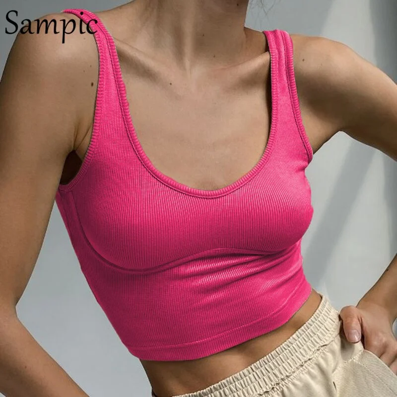 Sampic Green Knitted Summer Y2K 2021 Fashion Basic Skinny T Shirt Mini Vest Crop Tops Sexy Casual Ribber Off Shoulder Tank Tops
