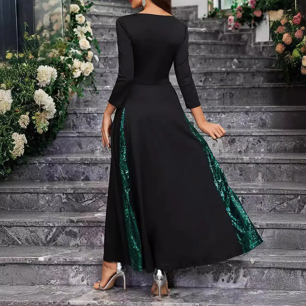 Athvotar Solid-Colored Small V-Necked Brightlied Elegant Long-Sleeved A-Character Ladies Dress