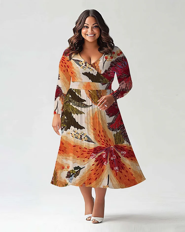 Plus Size Women's Color Printing  Long Sleeve V Neck Dress