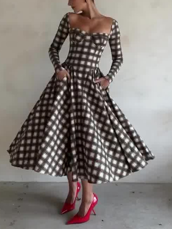 Vintage Square Neck Plaid Long Sleeve Slim Fit Dress | Oxredo Shop Ramadan Sale
