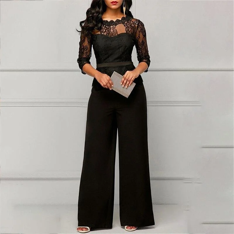 2021 New Spring Autumn Women Lace high waist 2 Pcs Pant Sets Solid Lace Top+ Long Pant Formal Wear Casual Sets Wide leg pants 1113