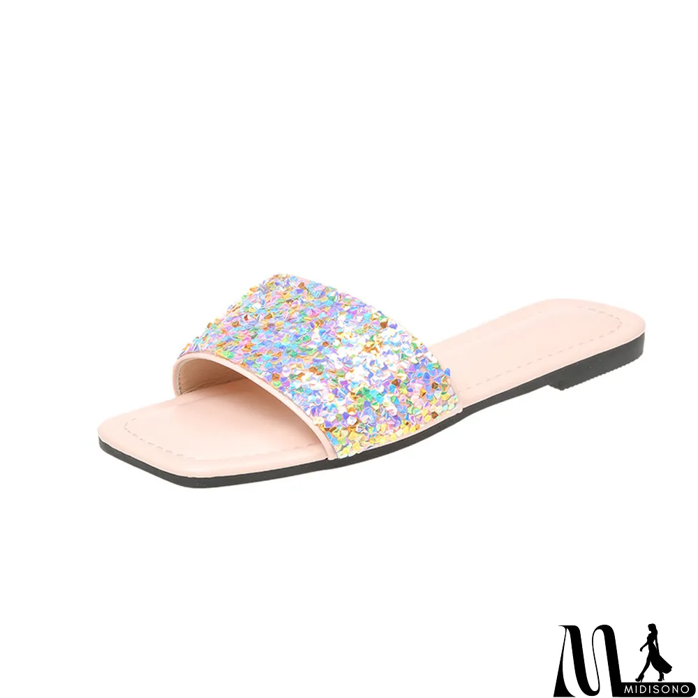 MidiSono - Plus Size Soft Sole Slippers Women Summer Outdoor Wear Flat Sequined Flip Flop Square Toe Flat Sandals and Slippers