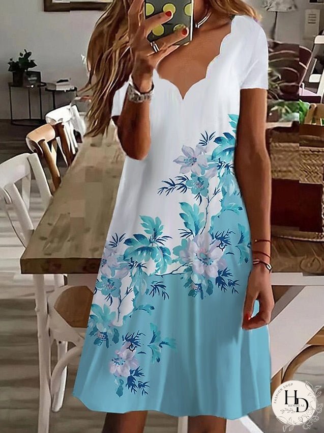 Casual Dress Summer Dress Print Dress Floral Print Scalloped Neck Mini Dress Active Fashion Outdoor Daily Short Sleeve Regular Fit White Light Green Green Summer Spring S M L XL XXL for Women