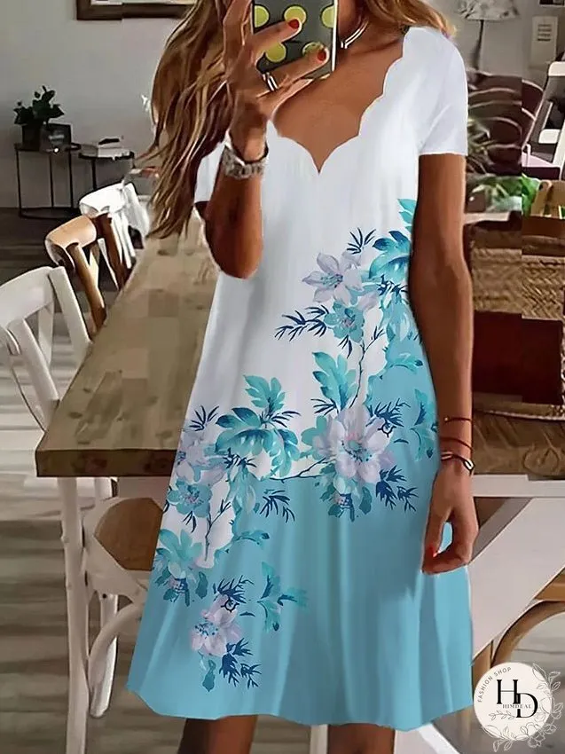 Casual Dress Summer Dress Print Dress Floral Print Scalloped Neck Mini Dress Active Fashion Outdoor Daily Short Sleeve Regular Fit White Light Green Green Summer Spring S M L XL XXL for Women
