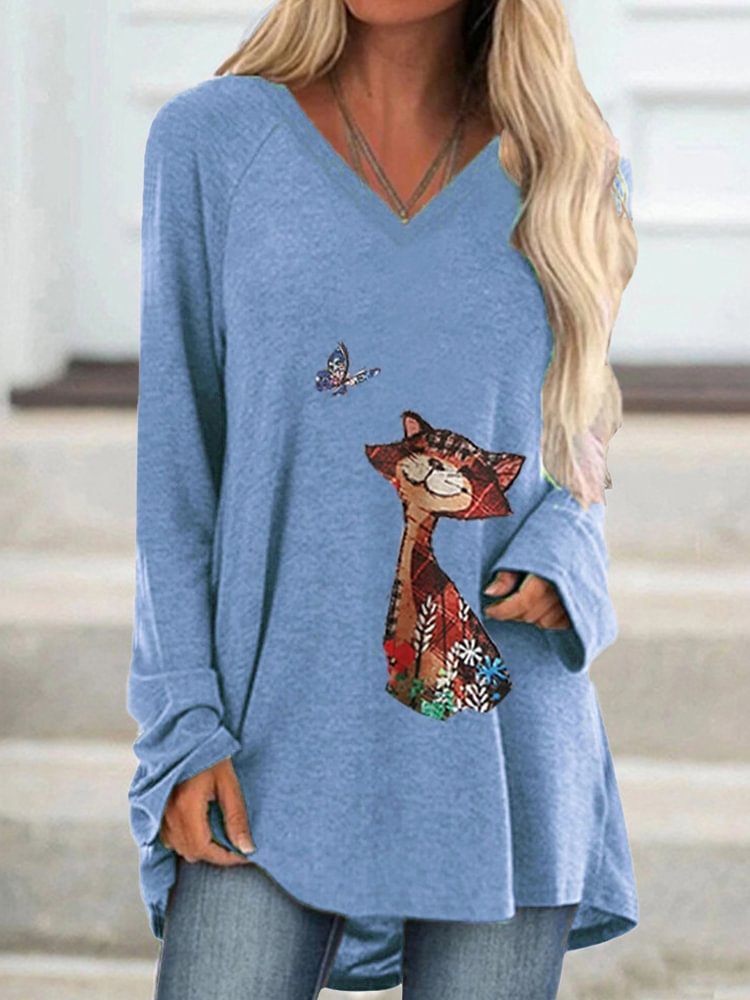 Artwishers Cat And Butterfly Printed V-Neck Long-Length Tunic