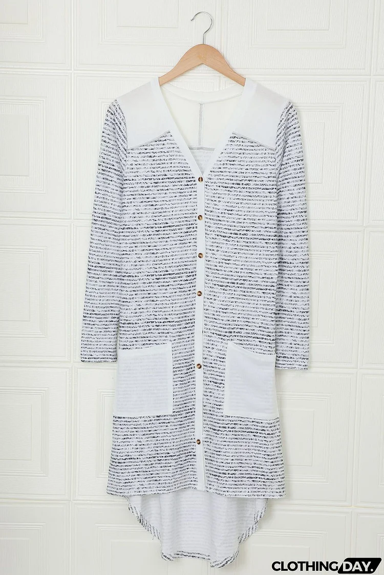 White Solid Patchwork Long Striped Cardigan with Pockets