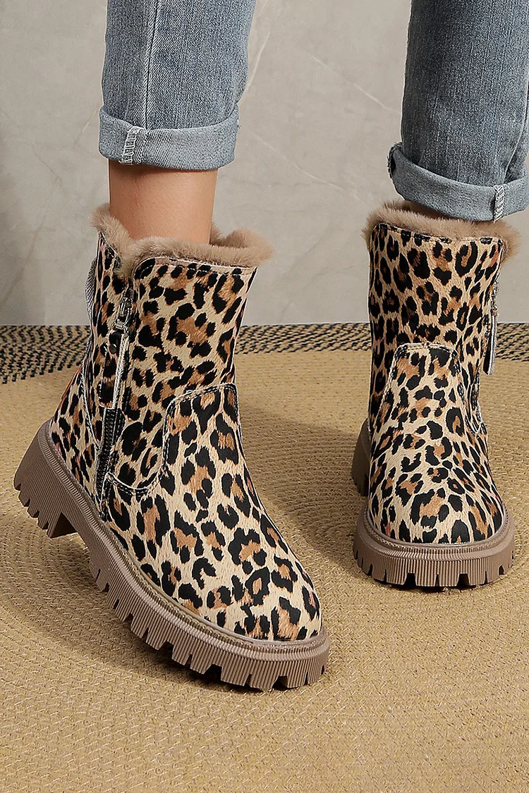 Leopard Pattern Print Faux Fur Patchwork Zipper Ankle Boots