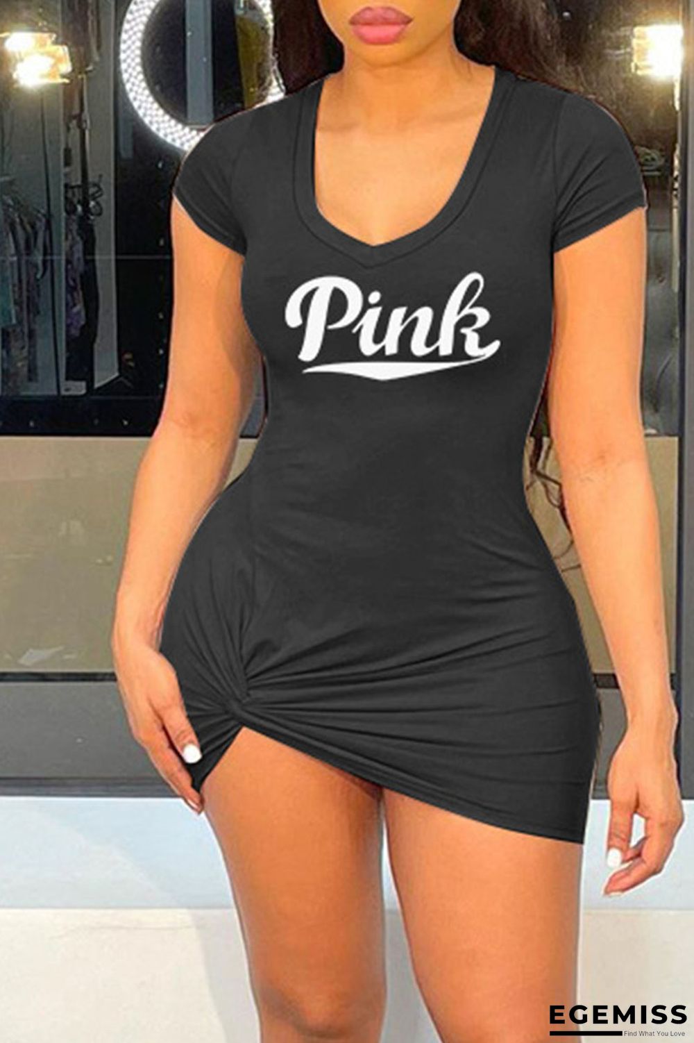 Black Sexy Print Patchwork V Neck Pencil Skirt Dresses | EGEMISS