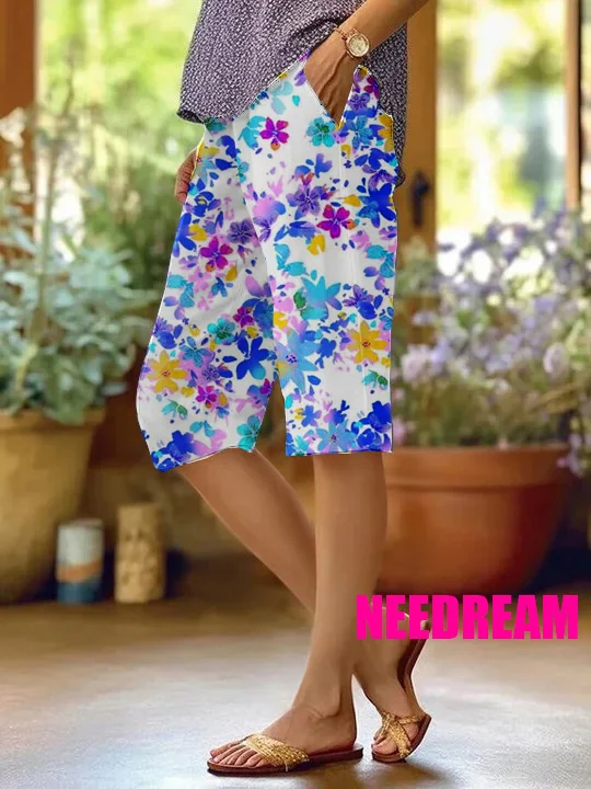 Womens Watercolor Flower Pattern Cotton And Linen Shorts Pants (With Pockets)