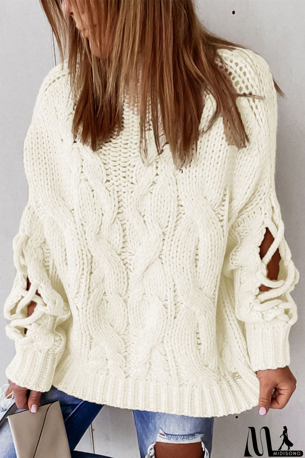 MidiSono - High Neck Cable Knit Hollow-out Sleeves Sweater