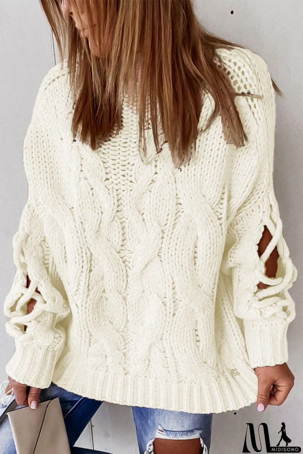 MidiSono - High Neck Cable Knit Hollow-out Sleeves Sweater