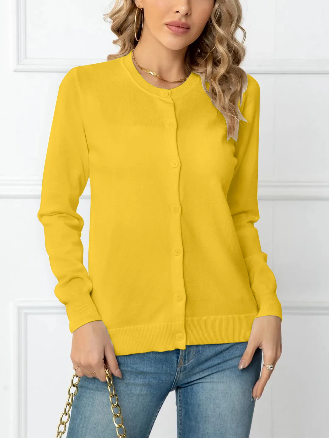 Nigikala Nigikala And Autumn Solid Color Round Collar Single Buckle Sweater Coat Casual Long-Sleeved Knitted Shirt Woman