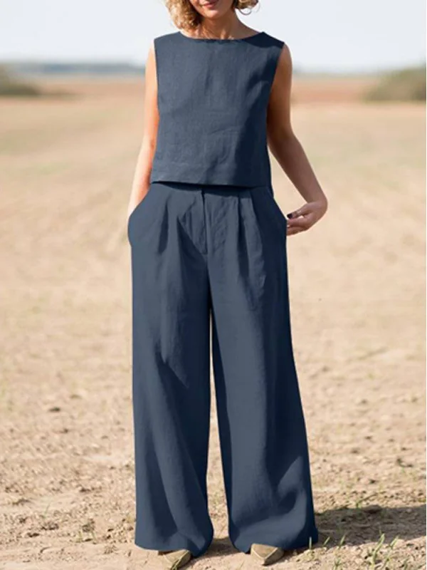 Casual Sleeveless Top And Loose Wide-Leg Trousers Two-Piece Suit
