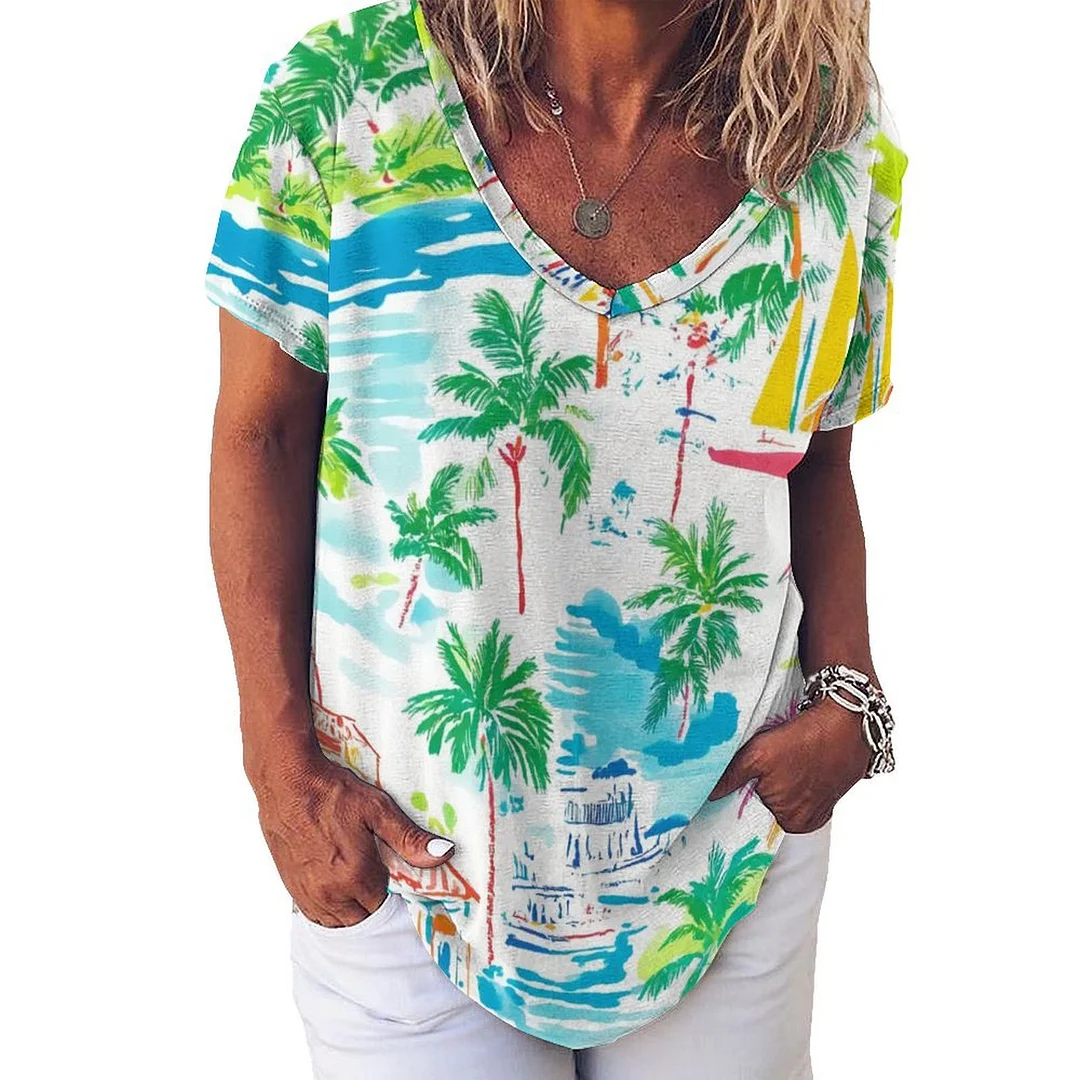 V-neck Short Sleeve Casual T-shirt for  Women Printed with Pattern Tropical, Summer, Green