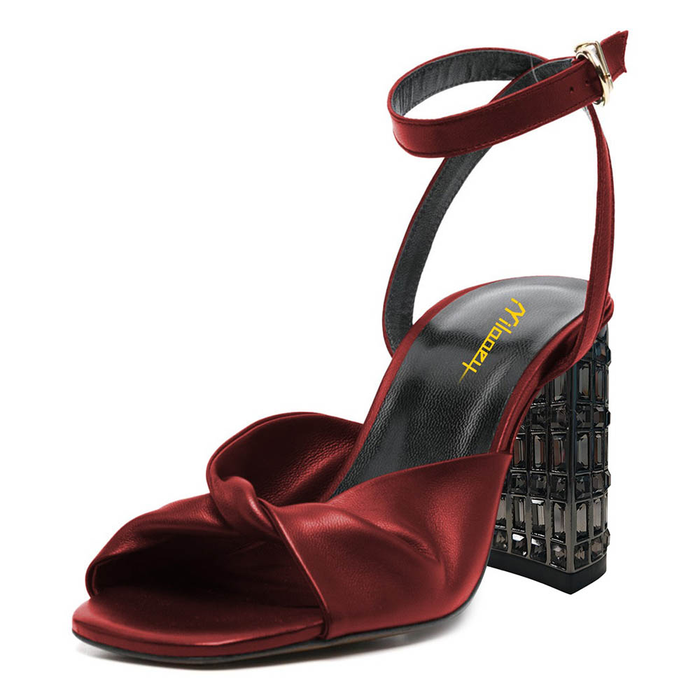 Elegant Maroon Square Toe Ankle Strap Buckle Women's Heel Sandals Nicepairs