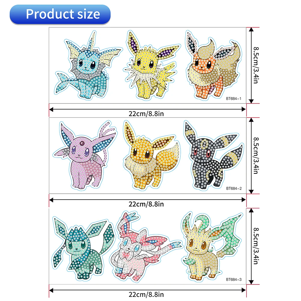 9pcs Pikachu Diamond Painting Sticker Crystal Diamond Sticker for Boys Girls