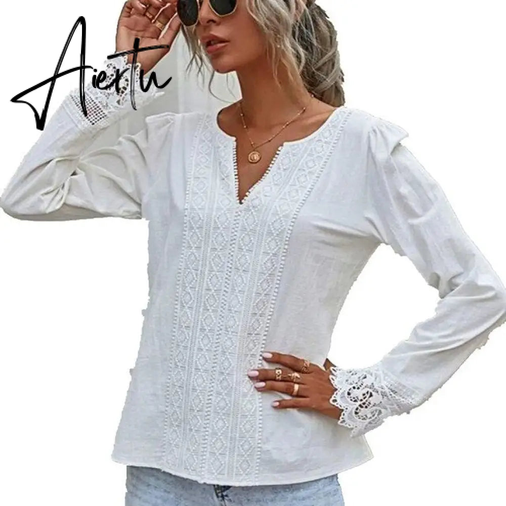 Aiertu  Autumn Elegant Office Lady Spring White Tops Women's Lace Patchwork Long Sleeved V-neck Slim Shirt Ladies Fashion Casual Blouse Aiertu