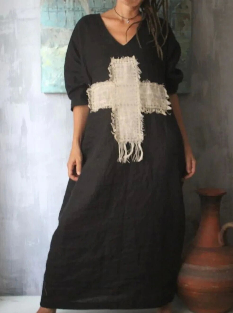 Womens Embroidered 3/4 Sleeve V Neck Linen Dress