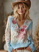 Love & Health Collection Retro Western Women Style Vintage Patchwork Rose And Floral Art Casual V Neck Linen Shirt - Image 6