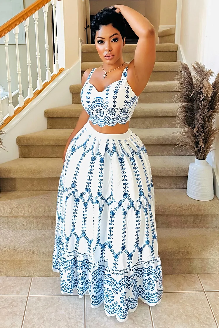 Wavy Hem Cami Crop Top Boho Print Maxi Skirt Vacay 2pcs Set-White